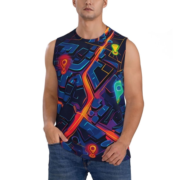 Fotbe Neon City Map Men's Camiseta sin Mangas Estampada para Hombres, Playera Casual para Gimnasio, Entrenamiento, Playa-XX-Large