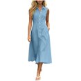 thumbnail image 2 of QUNYINEY Midi Womens Dresses Sleeveless Button Down Blue A Line Sundress Loose Fit with Pockets Casual Collared Dresses S-2XL, 2 of 5