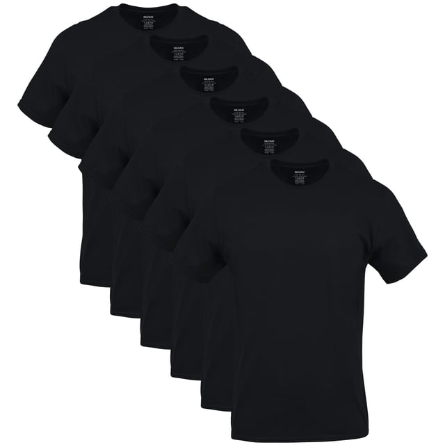camiseta gildan crew para hombre g1100 negra xl (paquete de 6) Paquete de 6 camisetas negras Gildan G1100 talla XL, vista frontal tres cuartos que muestra silueta con cuello redondo plano, mangas cortas y longitud clásica; algodón suave, tecnología de absorción de humedad indicada en la etiqueta, sin etiquetas físicas y costuras visibles, dispuestas en fila sobre fondo blanco; a menudo usadas como camisetas básicas para uso diario.