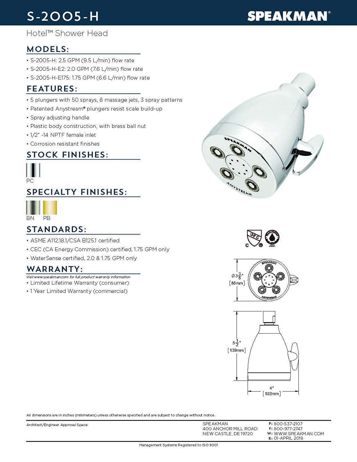 Speakman S 2005 H Hotel Anystream High Pressure 25 Gpm Multi Function Shower Head Walmart Com Walmart Com