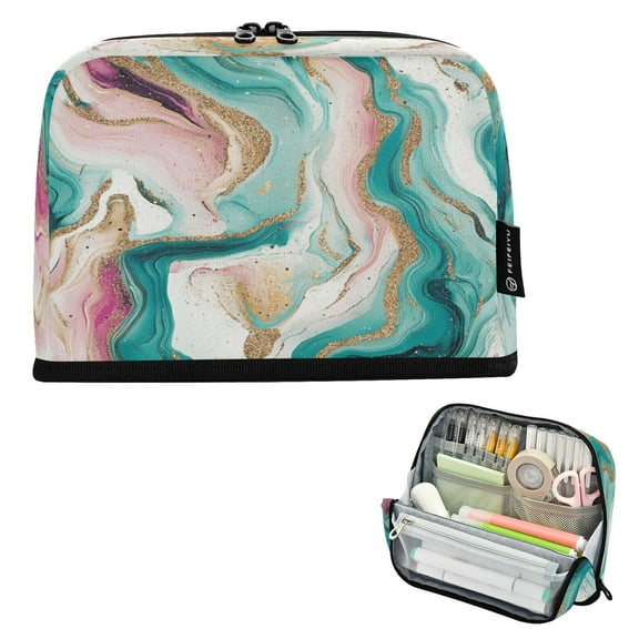 Standing Pencil Case with Base Large Capacity Stationery Pouch Pen Bag with Zipper for Women Men Teal Swirling Marble Pattern