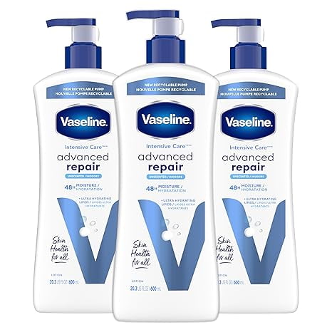 Vaseline Intensive Care Unscented Advanced Repair Body Lotion - Ultra-Hydrating with Lipids for Extremely Dry Skin 20.3 oz Pack of 3