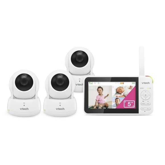 VTech Monitor de video para bebés con 3 cámaras, pantalla LCD de 5", video de hasta 17 horas y duración de la batería de audio de 31 horas, visión nocturna, alcance de 1000 pies, zoom panorámico, canc