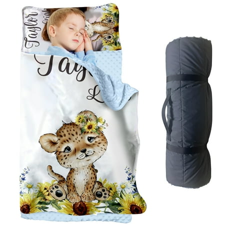 AOLOA Personalized Toddler Nap Mat With Custom Name Lion and Sunflower Design. Ideal Sleeping Bag Blanket for Preschool and Kindergarten Boys and Girls. Great Gift Idea.