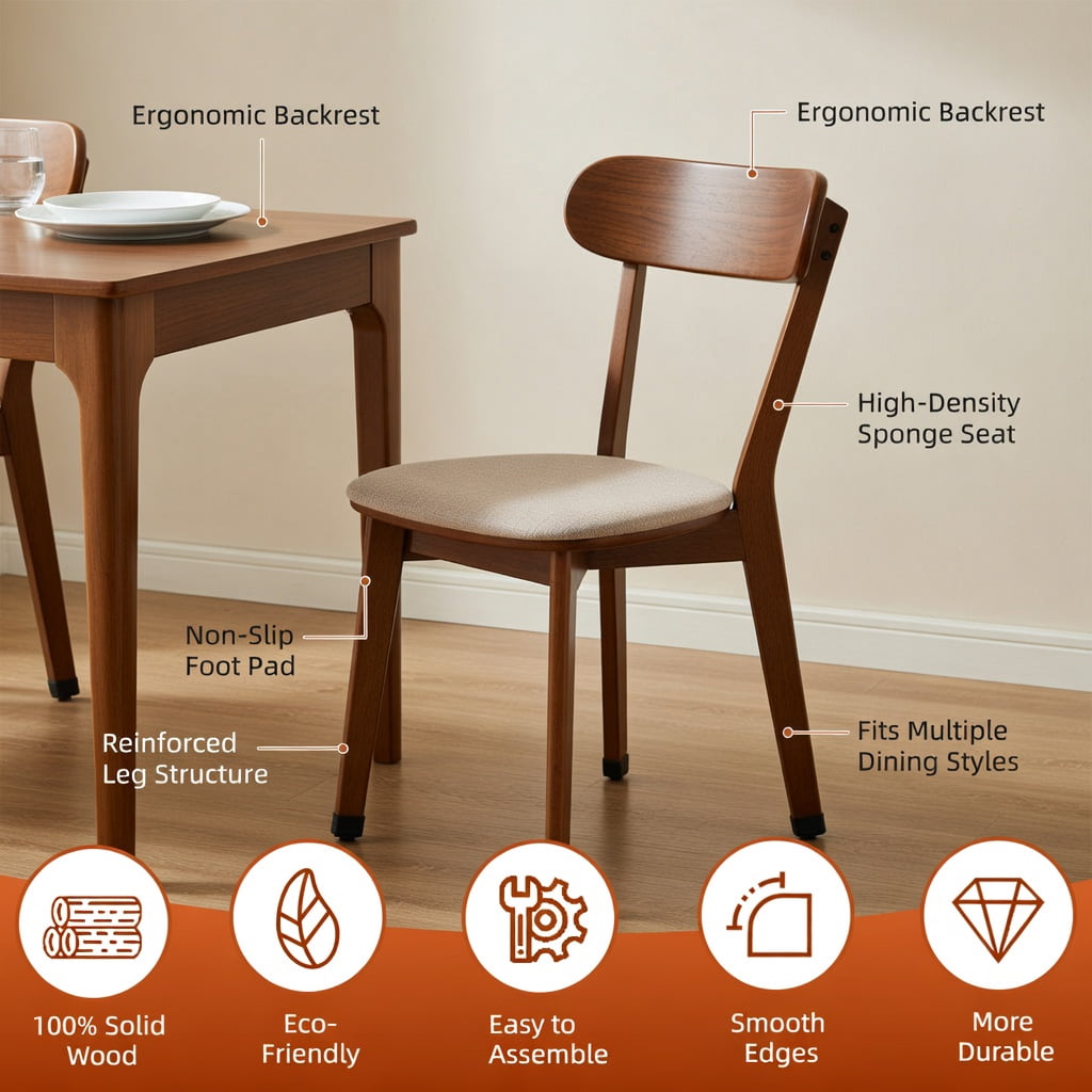 Hommoo Mid Century Modern Solid Wood Dining Chairs Set of 2, Ergonomic Curved Backrest, Adjustable Leveling Feet, for Dining Room, Kitchen & Living Room, Walnut