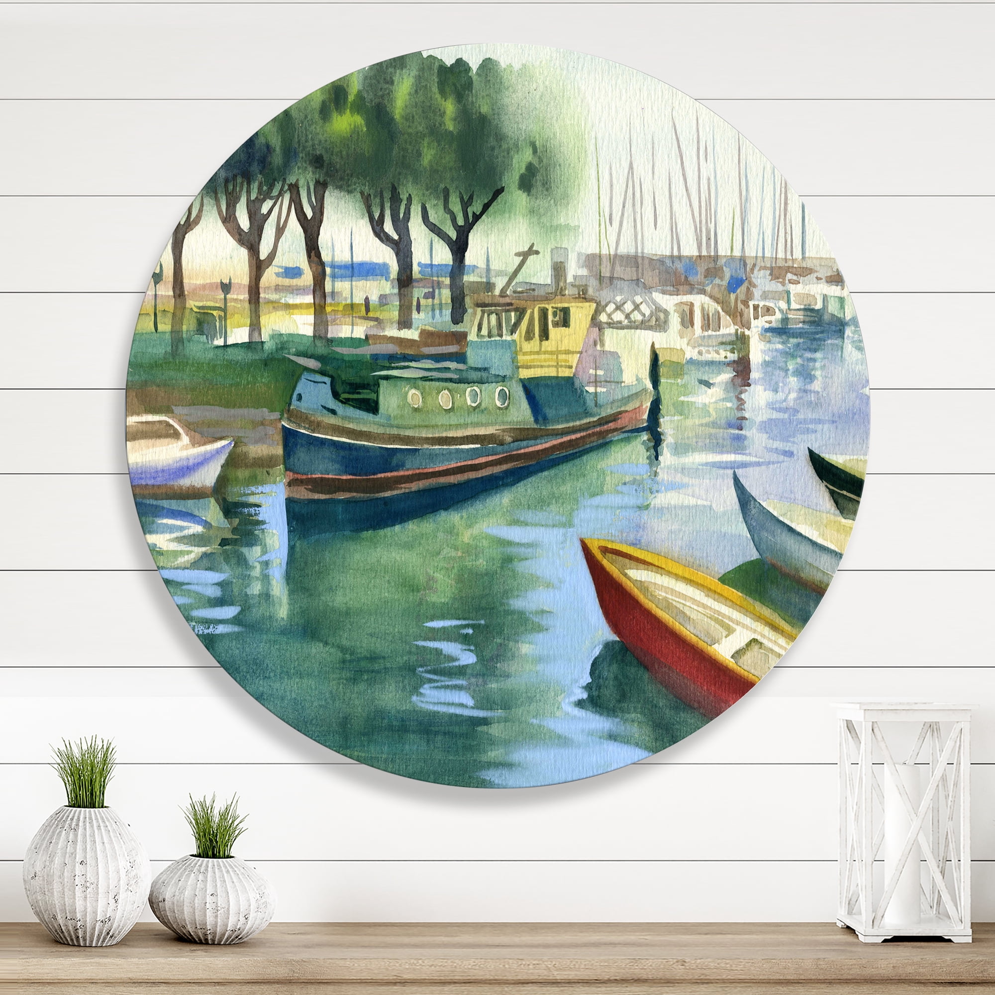 Designart 'Boats At The Lake in Green Spring' Traditional Circle Metal Wall Art 11x11 - Disc of 11