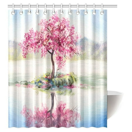 MYPOP Tree Pink Floral Decor Shower Curtain, Blooming Japanese Cherry Sakura on the Lake Soft Romantic Almond Tree Bathroom Decor Set with Hooks, 60 X 72
