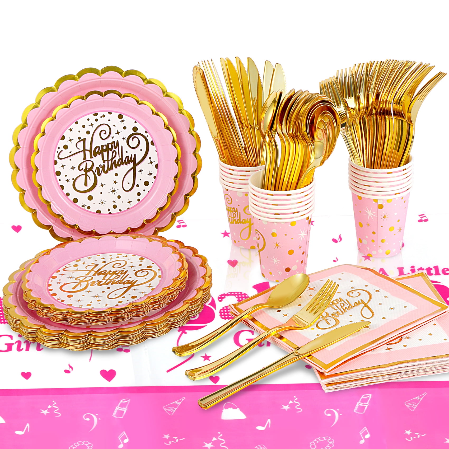 Pink and Gold Disposable Party Dinnerware Set, 20 Guest -141PCS with Paper Plates, Napkins, 9oz Cups, Plastic Silverware( Forks, Knives, Spoon), and Tablecloths, Party Supplies for Birthday Decoration