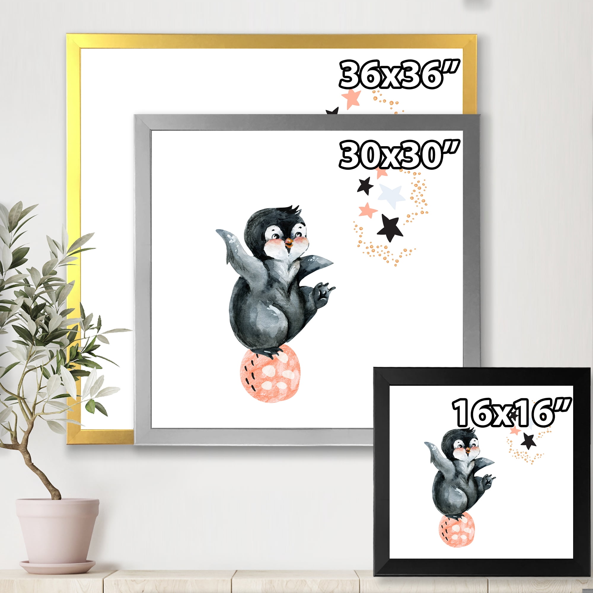 Designart 'Little Penguin With Planets and Stars II' Farmhouse Framed Art Print