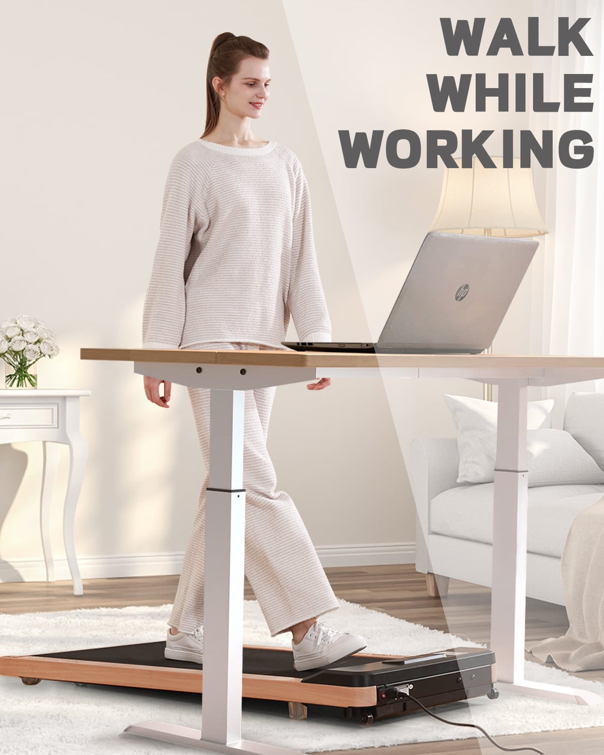 Maksone 2.25HP Installation-Free Under Desk Natural Wood Treadmill with Remote Control