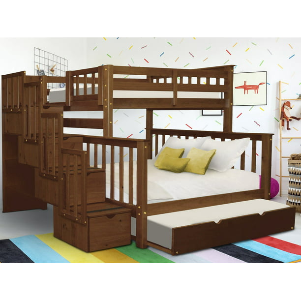 Bedz King Stairway Bunk Beds Twin Over, Wooden Bunk Beds Twin Over Full With Trundle