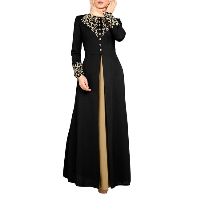 Robe Longue Musulmane pour Femmes, Plaquée Or, Tempérament Contrasté, Manches Longues, Abaya, Dubai, Robe Arabe, Robe Musulmane Noire