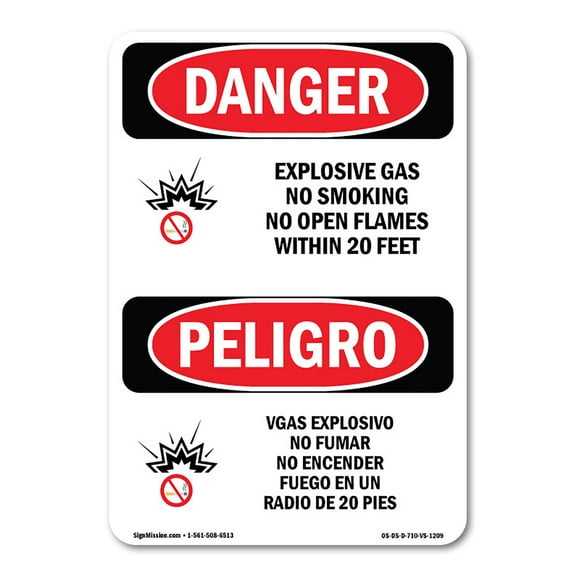 OSHA Danger Sign - Explosive Gas No Smoking 20 Feet Bilingual | Decal | Protect Your Business, Construction Site, Shop Area |  Made in The USA