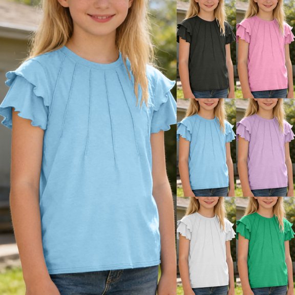 Aihuaihua Girls Pleated Ruffle Short Sleeve Shirts Kids Summer Crewneck T-Shirts Solid Color Fashion Tops Tees Age for 5-12 Years Blue 10-11 Years
