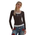 thumbnail image 5 of LMLYSoH Women Fashion Lace Stitching T-Shirt Long Sleeve Sweet Temperament Shirts Square Neck Spring Fall Tops, 5 of 7