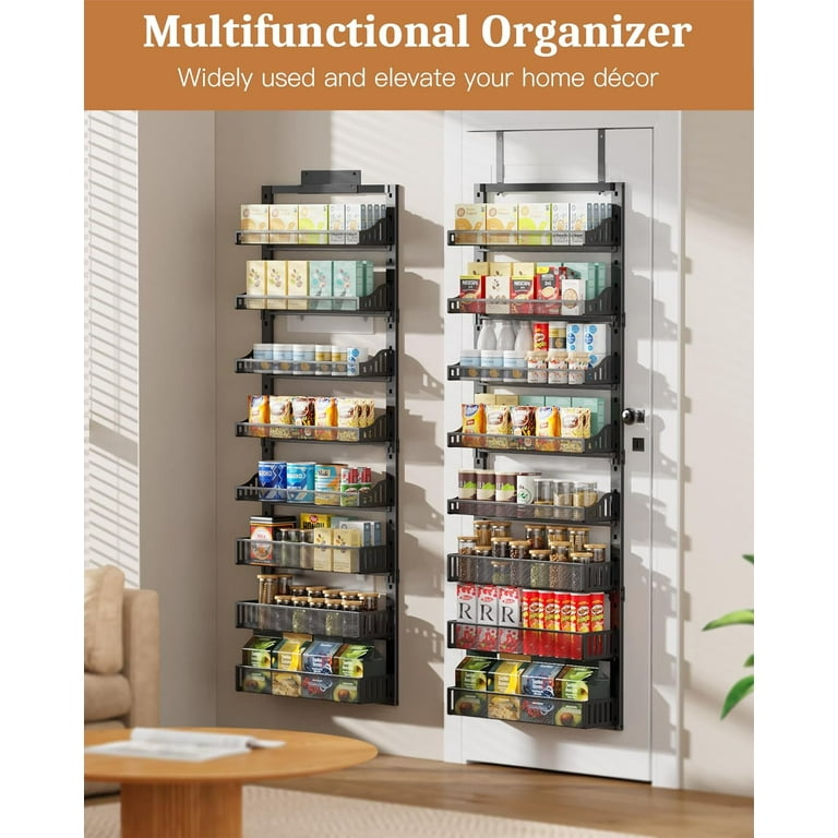 8 Tier Over the Door Pantry Organizer Large Metal Door Spice Rack with Adjustable Basket 2 in 1 Wall Mount or Hanging Heavy Duty Pantry Door Storage Shelf for Kitchen and Bathroom Black