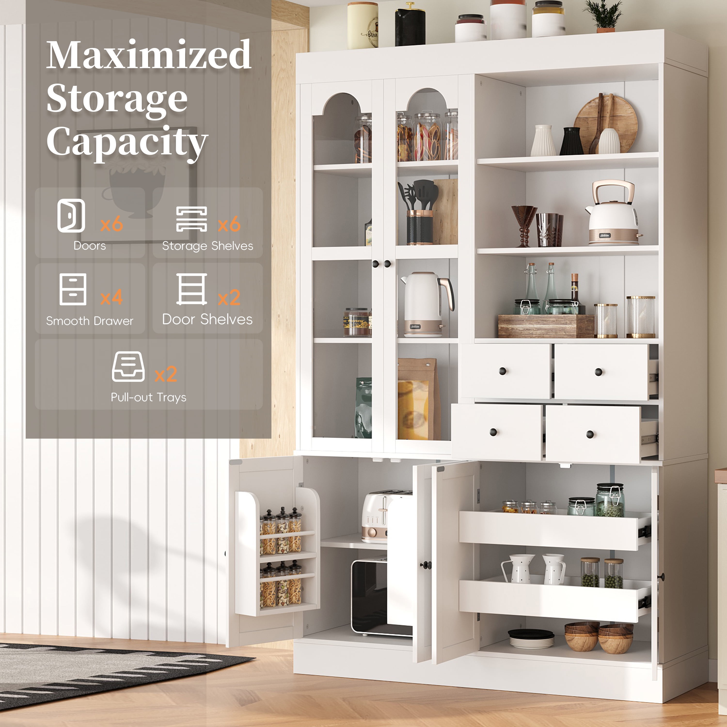 Euroco 47.2x15.7x75inch Freestanding Buffet with Hutch, Tall Kitchen Pantry Cabinet with 4 Drawers, Door Shelves and Pull-out Trays for Dining room, Living Room, White