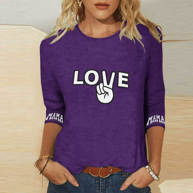 Hauts pour Femmes Manches Trois-Quarts Cœur Saint-Valentin Col Rond Imprimé Décontracté T-Shirt Ample Violet P