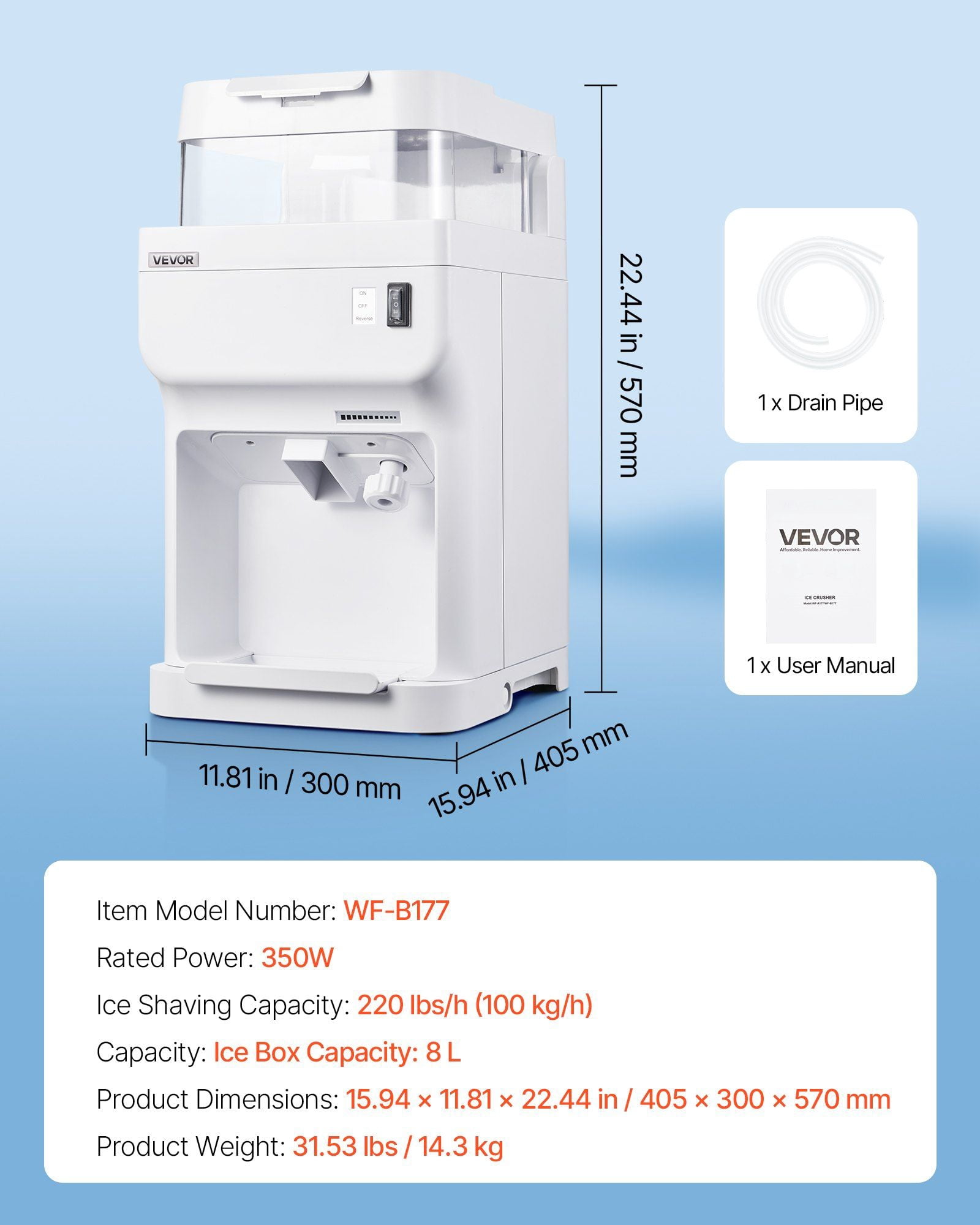 Commercial Ice Shaver 220LBS/H Electric Ice Crusher Snow Cone Maker, High-Performance Motor with Stainless Steel Blades, Adjustable Ice Fineness, Large 8L Capacity, Secure and Easy Operation for Home