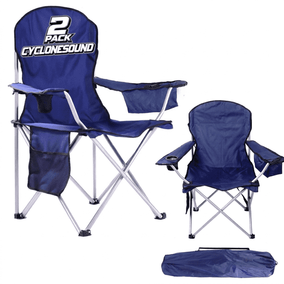 CycloneSound 2-Pack Premium Portable Folding Camping Chairs with Can Cooler, Storage Pocket, Navy