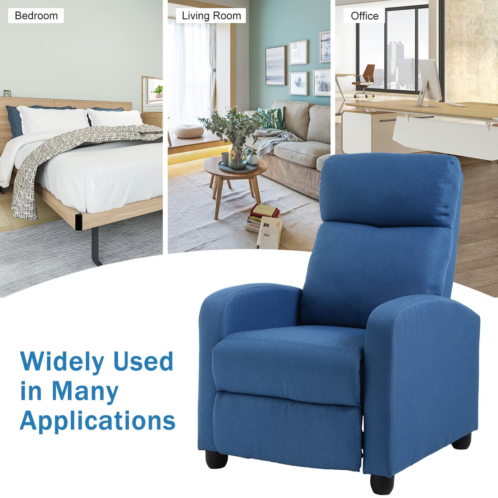 YRLLENSDAN Fabric Recliner Chair for Living Room Home Theater Seating, Adjustable Single Sofa for Adults, Reading Chair with Padded Seat Backrest and Footrest, Blue