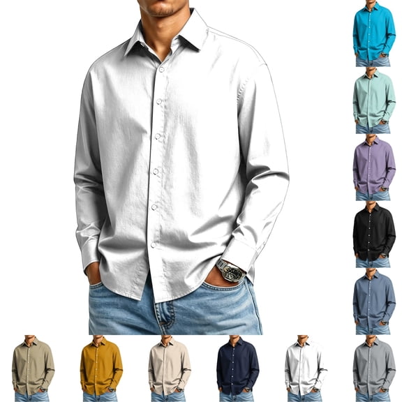 GrmtClth Mens Dress Shirts Wrinkle Free Stretch Long Sleeve Button Up Collar Solid Color Spring Fall Casual Daily Sport Shirts White S