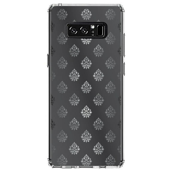 DistinctInk Clear Shockproof Hybrid Case for Samsung Galaxy Note 8 - TPU Bumper, Acrylic Back, Tempered Glass Screen Protector - Silver Grey Black White Damask - Floral Damask Pattern