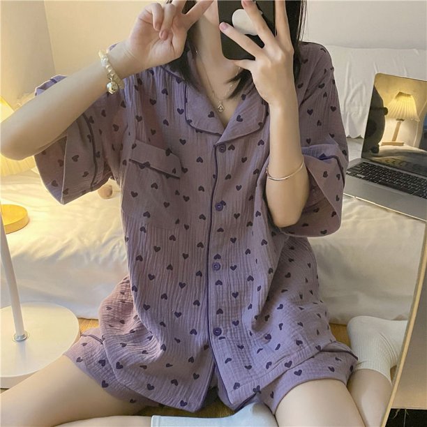 Pijama de verano para mujer, conjunto de 2 pantalones cortos de manga corta con estampado de bolsillo, ropa informal holgada y cómoda para el hogar