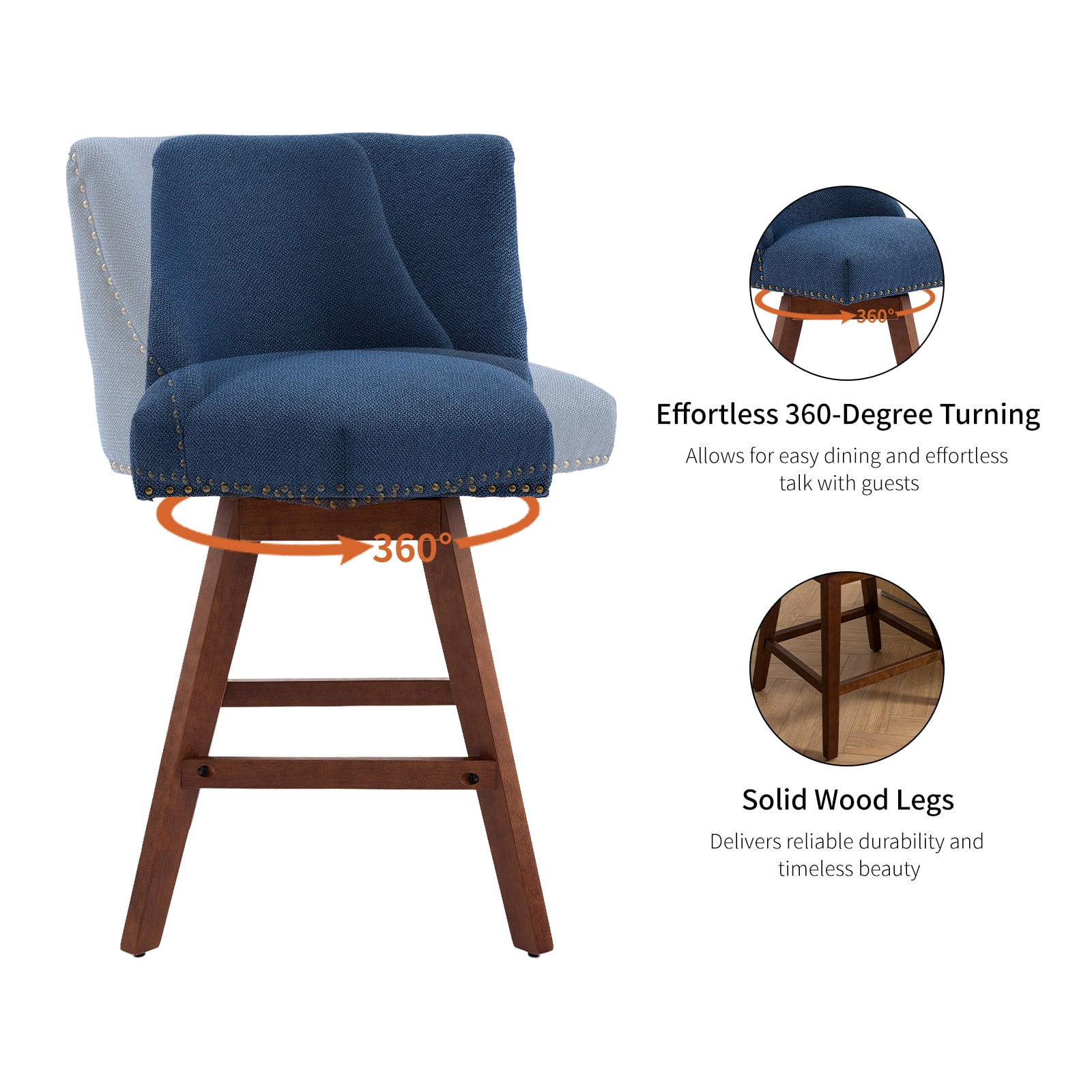Modern Swivel Bar Stools Set of 2, Blue Counter Height Bar Stools with Back for Kitchen Island, Fabric Upholstered Island Chairs with Wood Legs, Barstool Chairs, Sillas para Barra de Cocina