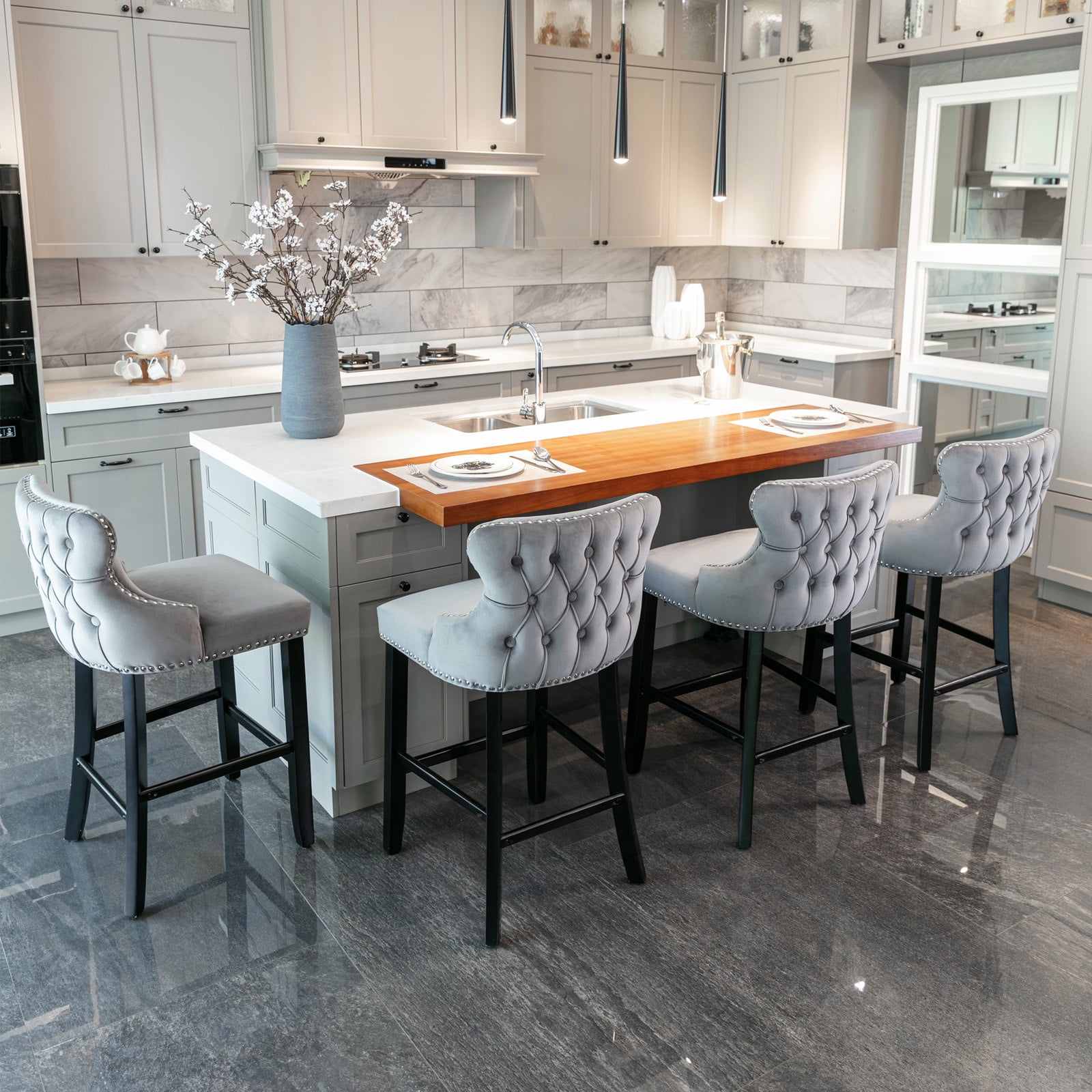 Bar Stool Set of 4, Legahome 26" Counter Height Bar Stools with Back, Velvet Upholstered Bar Stool with Button Tufted & Wooden Legs, Bar Stools Chair for 35-39" Kitchen Island Counter, Gray