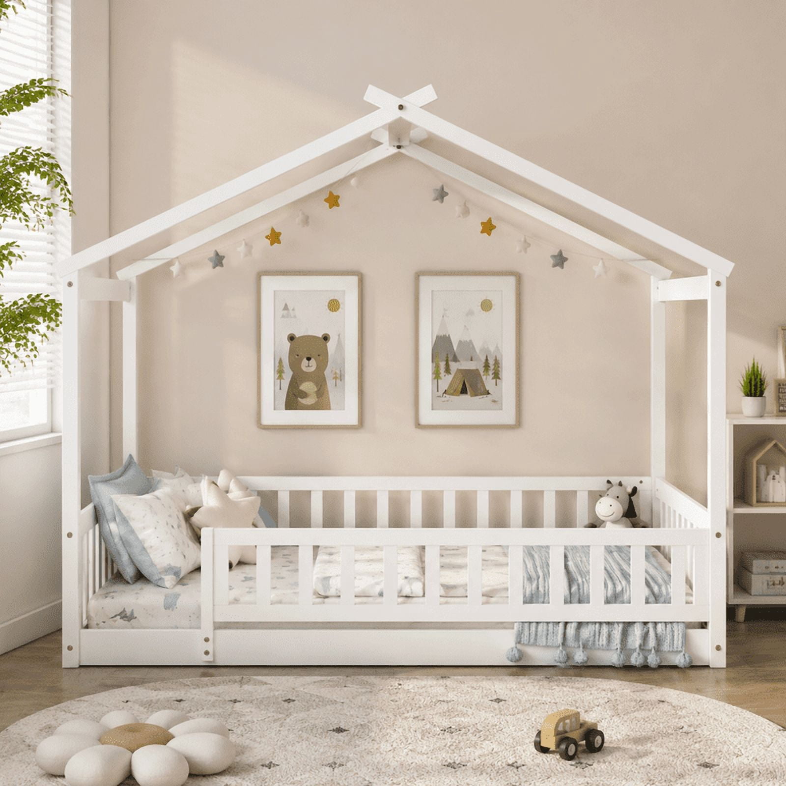 Twin Size Wood House Bed Floor Bed with Fence and Guardrails, Kids Playhouse Bed Toddler Bed Montessori Bed for Kids Boys Girls, No Box Spring Needed