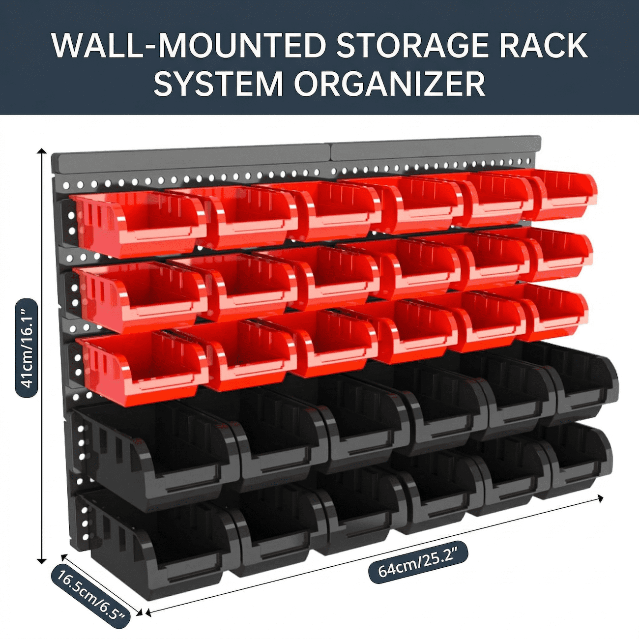 Wall Mounted Storage Bins 30PCS, Garage Parts Organizer with Hanging Panels, Plastic Nut & Bolt Screw Organizer, Small Parts Storage Bin Rack System for Workshop Garage Organization (Red/Black)