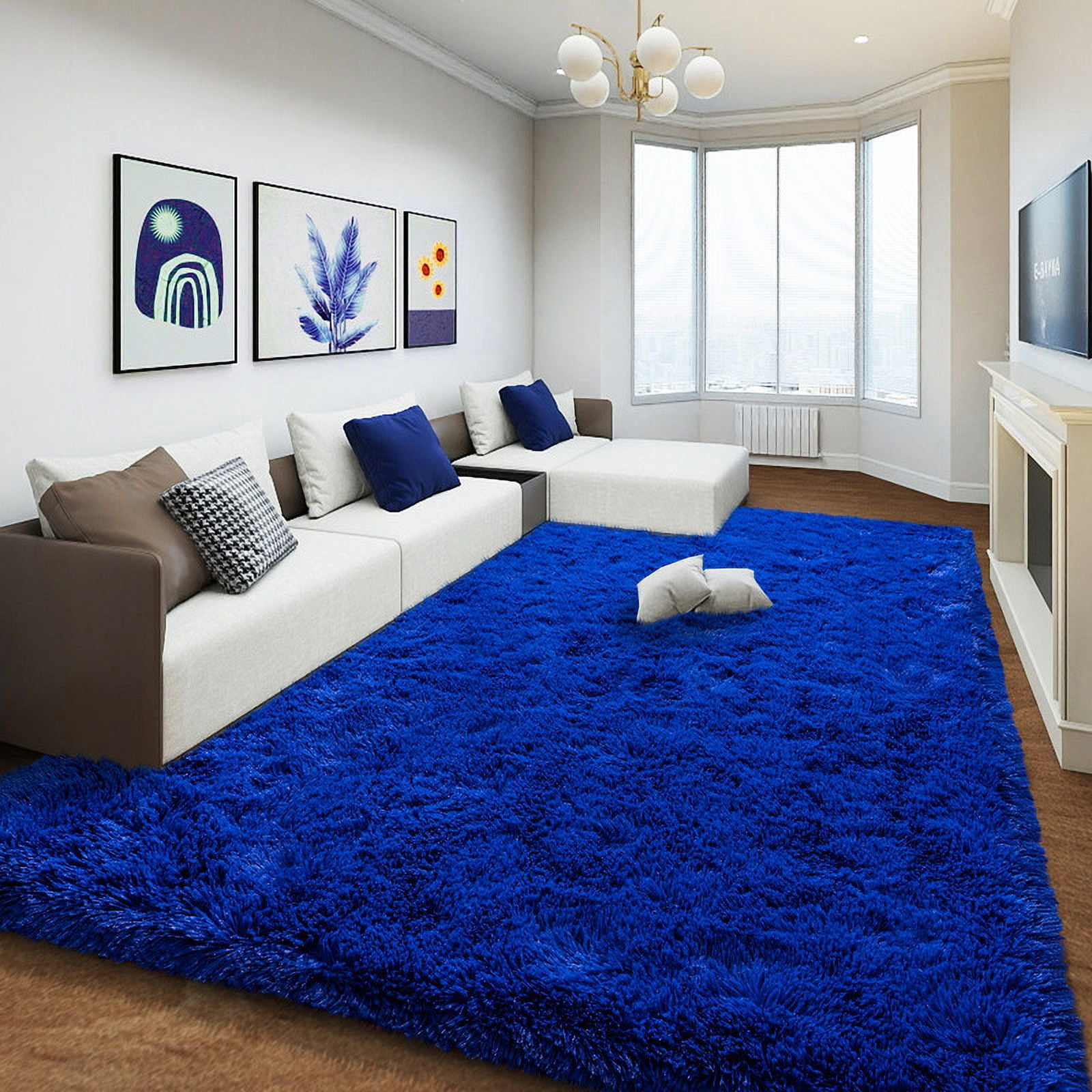 washable rugs 9x12ft Large Fluffy Area Rugs for Bedroom,Bright Blue Soft Carpet Shag Kids Rug with Non-Slip Stickers Rug Pads Living Room Bedroom Father's Day Gifts Decora