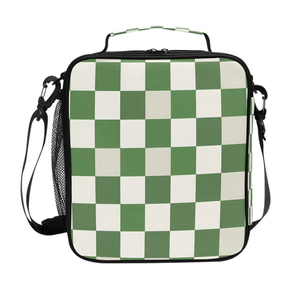 Green-white Plaid Insulated Lunch Bag Reusable Lunch Box Lunch Container with Straps