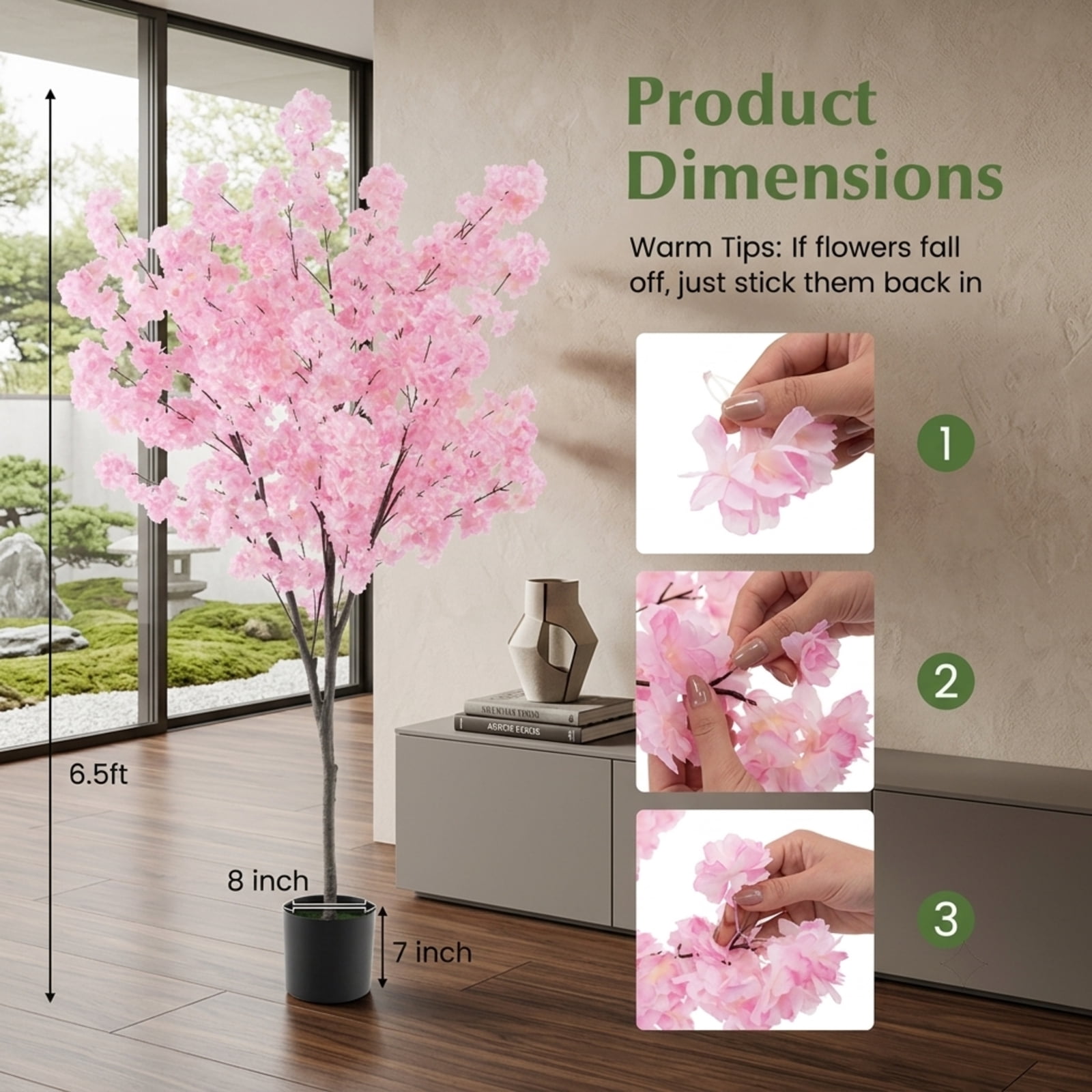 Vebreda Artificial Plant Decor, 6.5 FT Tall Artificial Cherry Blossom Tree with 1170 Pink Flowers, Gorgeous and Vivid Appearance