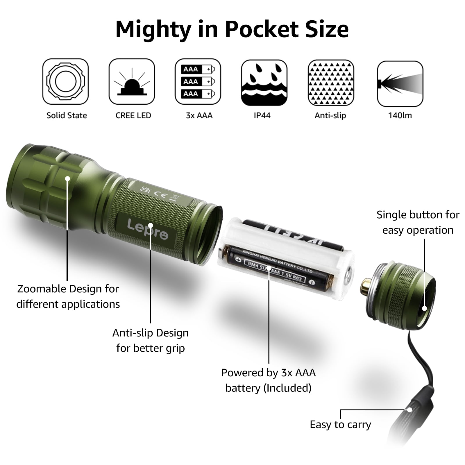Lepro Camoufl 2-Packs LED Flash Light LE1000 High Lumens, Mini Multifunction Tactical Flashlight , Zoomable, Waterproof, for Camping, Outdoor Use (AAA Batteries Included)