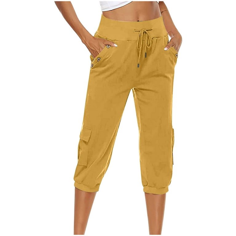 Women Capri Sweatpants Drawstring Casual Elastic Waist Joggers Cargo  Workout Yoga Cropped Leggings Straight Fit (3X-Large, Yellow) 