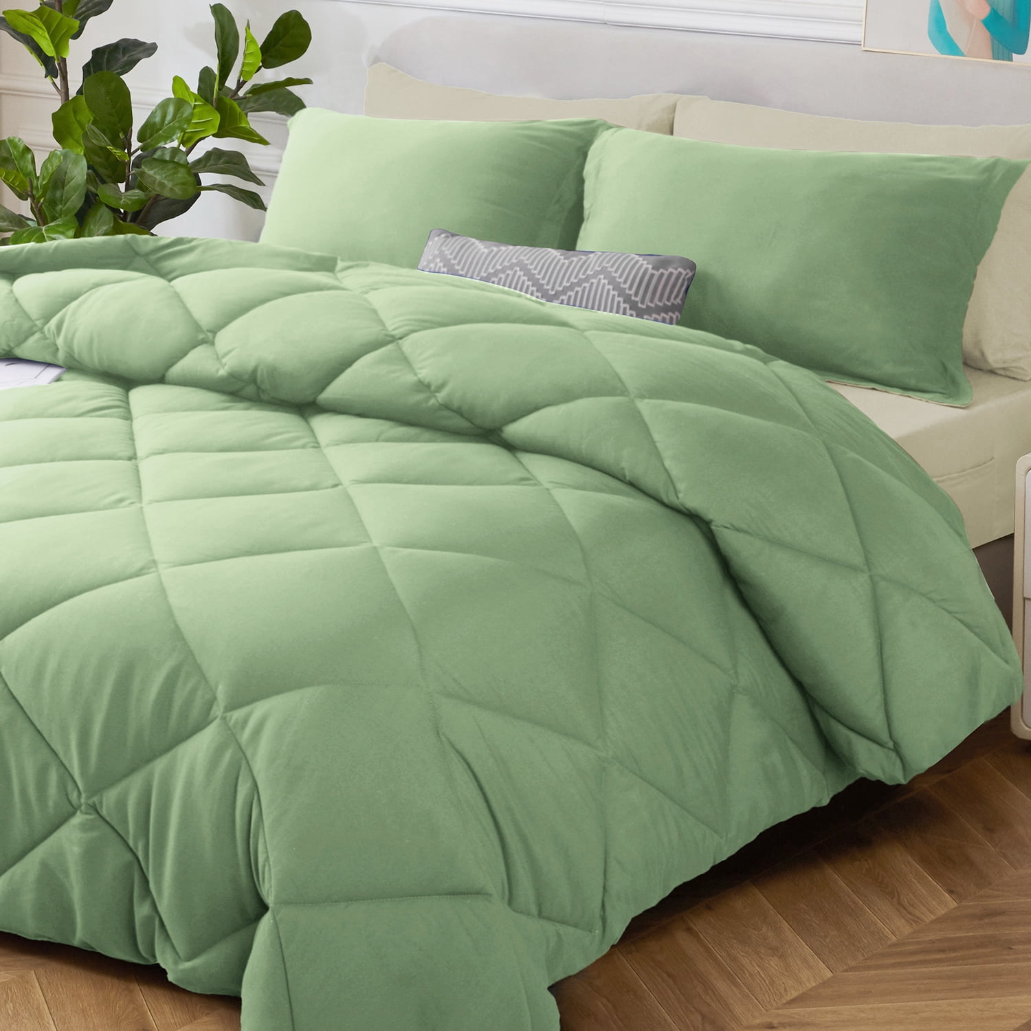 HIG 7 Piece Reversible Full Comforter Set - Sage Quilted Down Alternative Bedding All Season Super Soft Microfiber Bed in a Bag Includes Sheets Pillowcases Shams