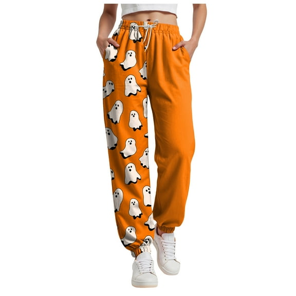 felwors Ladies Halloween Printed Jogger Sweatpants - Soft Fabric, Loose Fit with Adjustable Waistband & Drawstring for All-Day Comfort Orange, XXXL