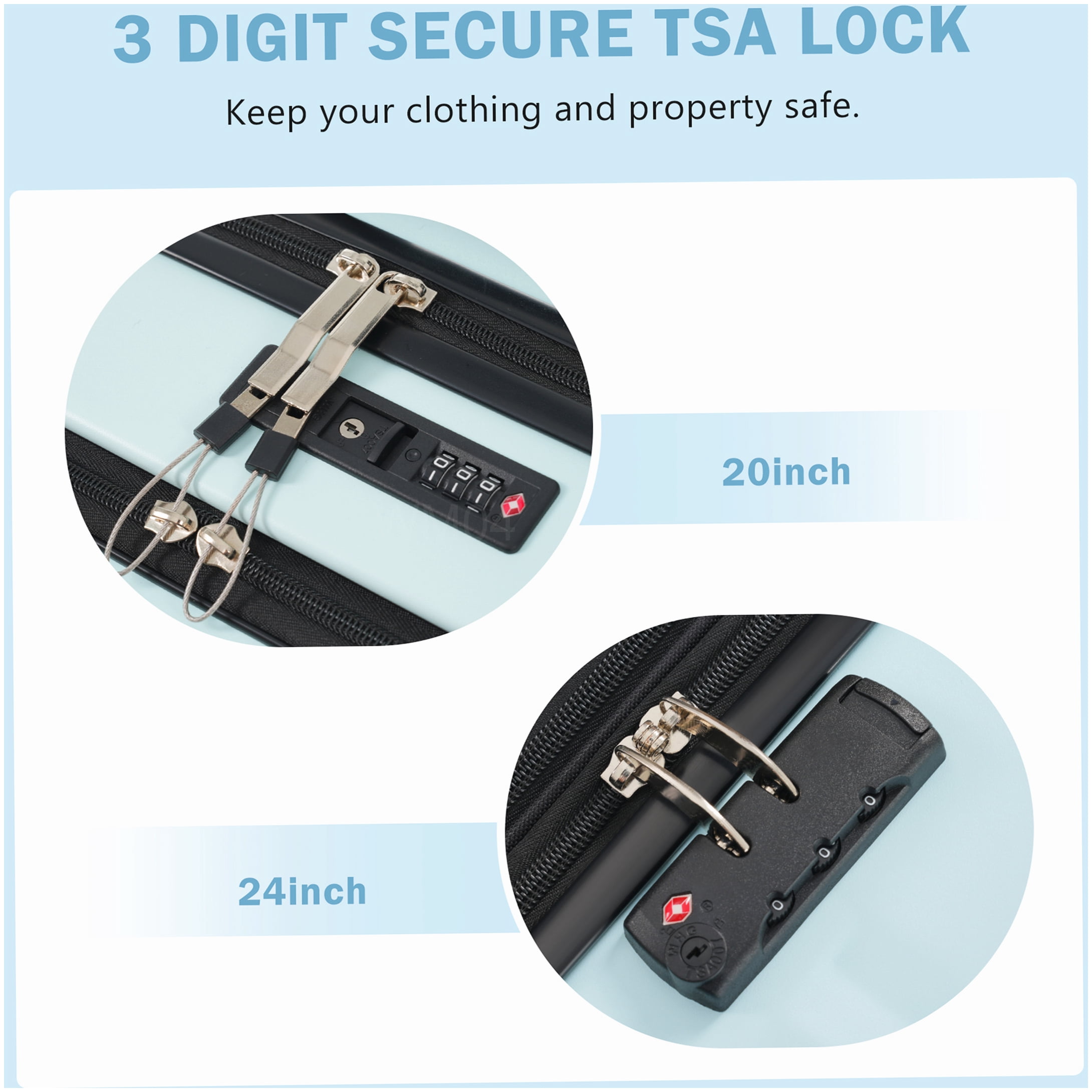 ABS Hardside 3-Piece Luggage Set with Front Opening & USB Charger, TSA Lock, Expandable Light Blue Suitcase with Wheels