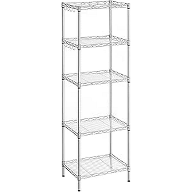 SONGMICS 5-Tier Metal Storage Shelves, Kitchen Wire Shelving Unit, Storage Rack with Adjustable Shelves, Shelf Liners, 8 Hooks, for Garage, 30 x 40 x 121 cm, Silver