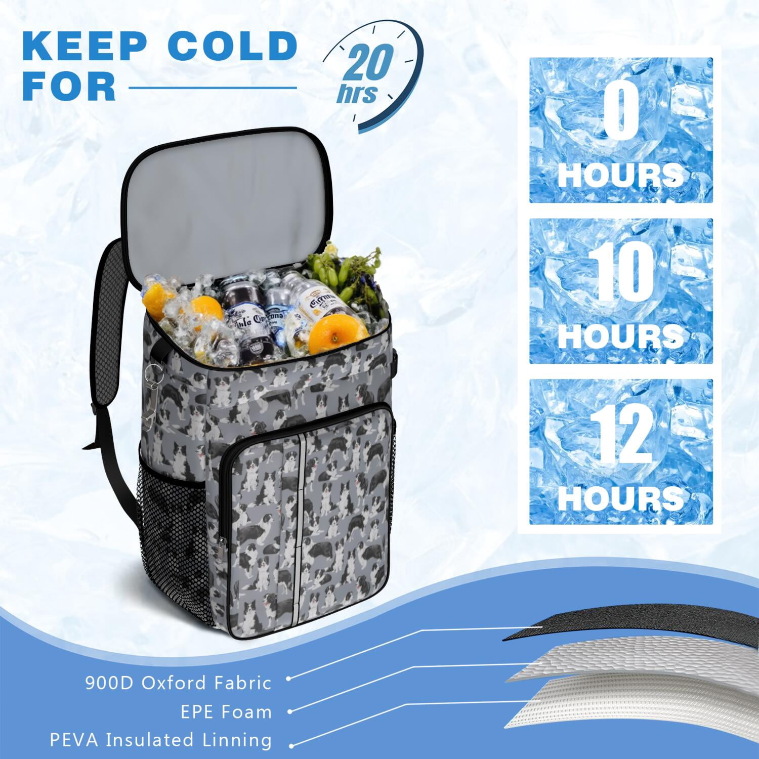 Travel Cooler Bag - Cute Border Collie Pattern Camping Beer Cooler Backpack with Bottle Opener- Waterproof Insulated Picnic Backpacks - Cooler Bag for Beach