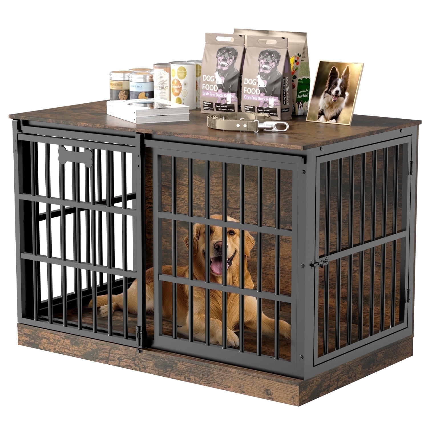 Behost 47" Dog Crate Furniture for Large Dogs, Indoor Dog Cage Kennel with Customizable Nameplate, 3-Sided Access, Rustic Brown