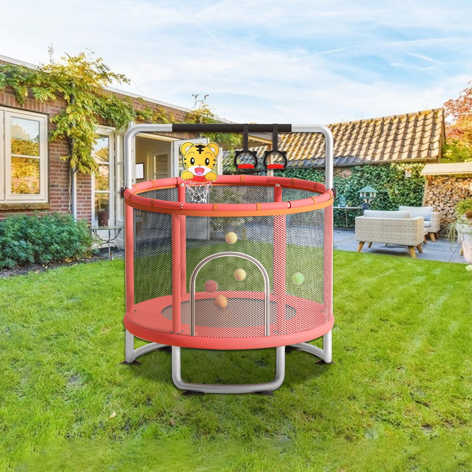 Aruwei Kids Trampoline, Adjustable Baby Toddler Trampoline with Basketball Hoop, Swing, Sandbag, Ocean Balls, 440lbs Indoor Outdoor Toddler Trampoline with Enclosure Net Clearance_Children Trampoline