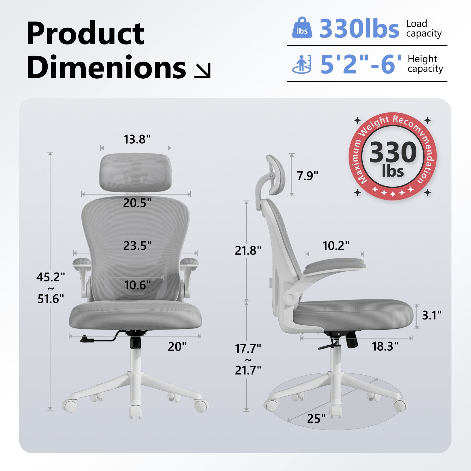 HomeZeer Desk Chairs with Wheels, Mesh Office Chair with Lumbar Support, Ergonomic High Back Office Chair with Adjustable Headrest and Flip-up Arms, Executive Office Chair Home Office, White & Gray