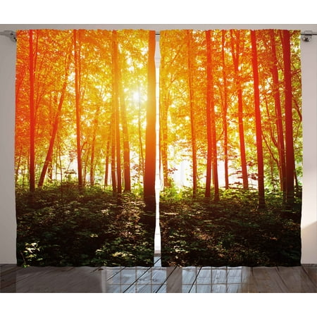 Orange Bedroom Set Nature Curtains 2 Panels Set, Foggy Forest Scenery with Sunrays Reflecting on Trees Mystic Woodland Image, Window Drapes for Living Room Bedroom, 108W X 84L Inches, Orange Fern Green, by Ambesonne ()