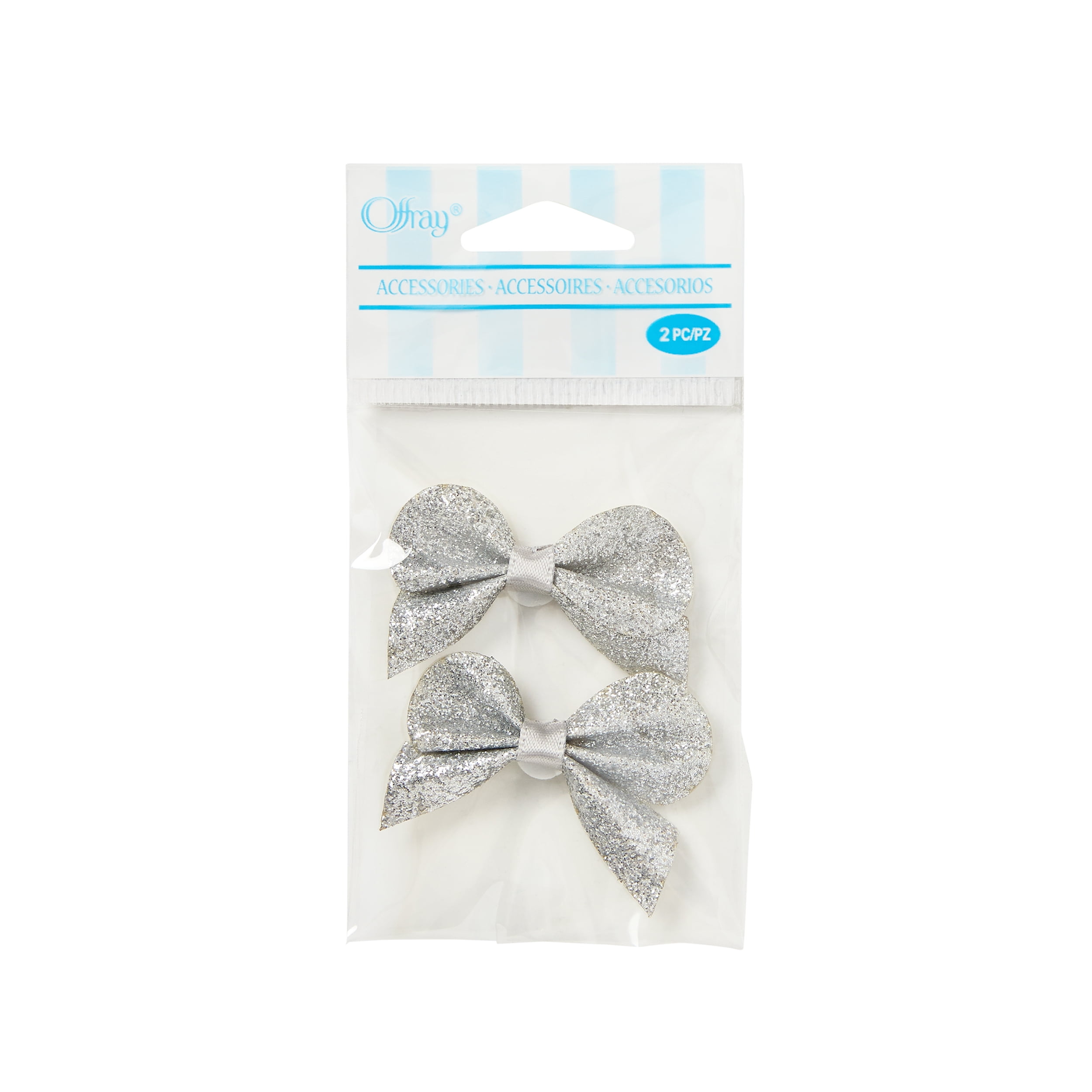 Offray Accessories, Silver Glitter Bows Accessory for Wedding, Hair Clips, and Scrapbooking, 2 count, 1 Package