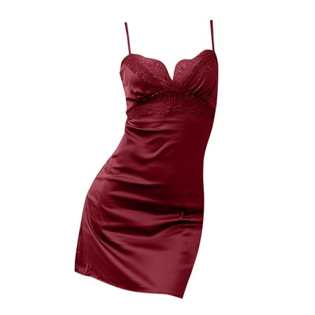 gvdentm Women Night Gowns for Sleeping Women s Satin Chemise Nightgown Trim Silk Slip Lingerie Dress V Neck Nighties Sleepwear B M