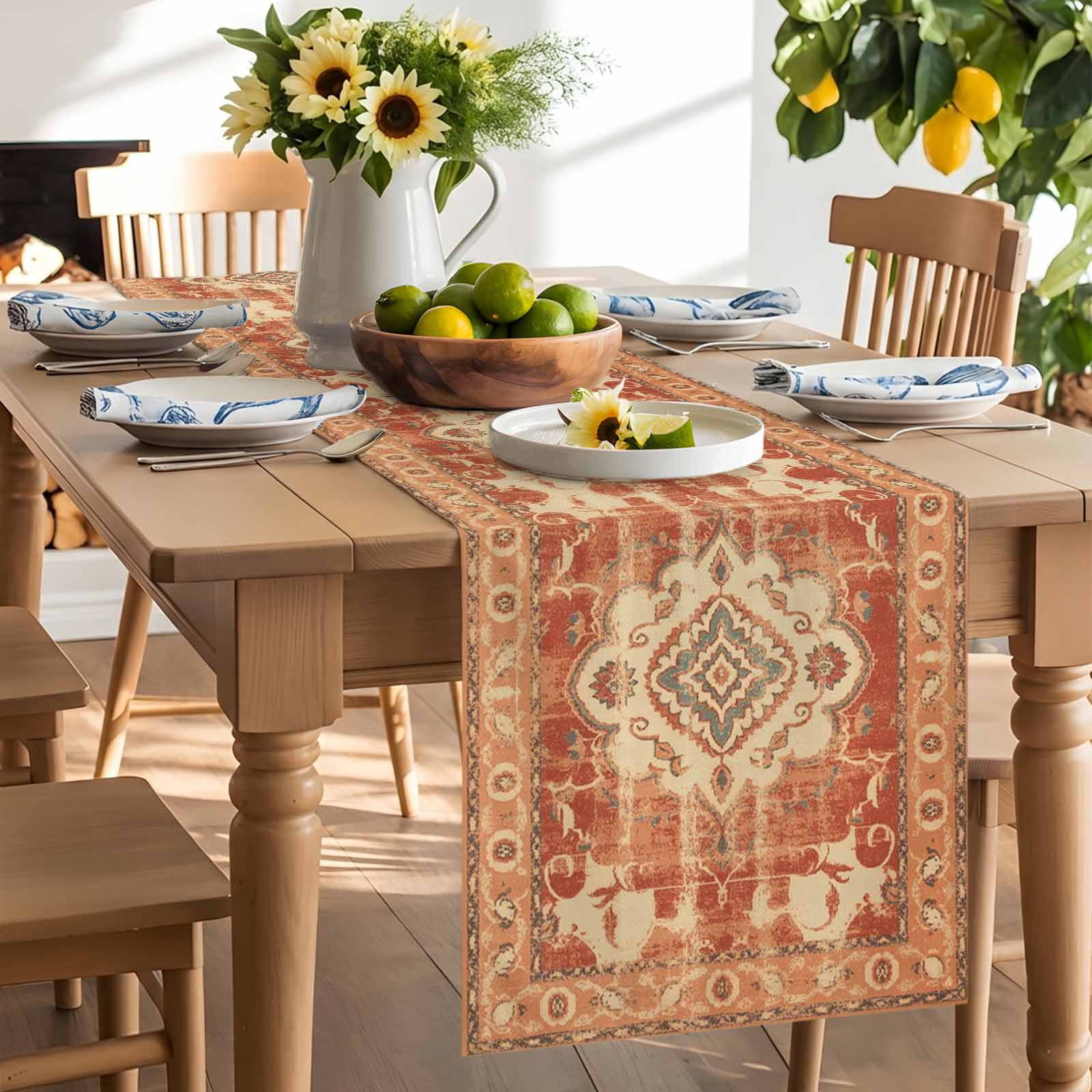 Vintage Ethnic Tribal Floral Table Runner 90 Inches Long, Traditional Oriental Orange Table Runners Tabletop Scarf Kitchen Dining Tables Decoration for Home Party Indoor Outdoor