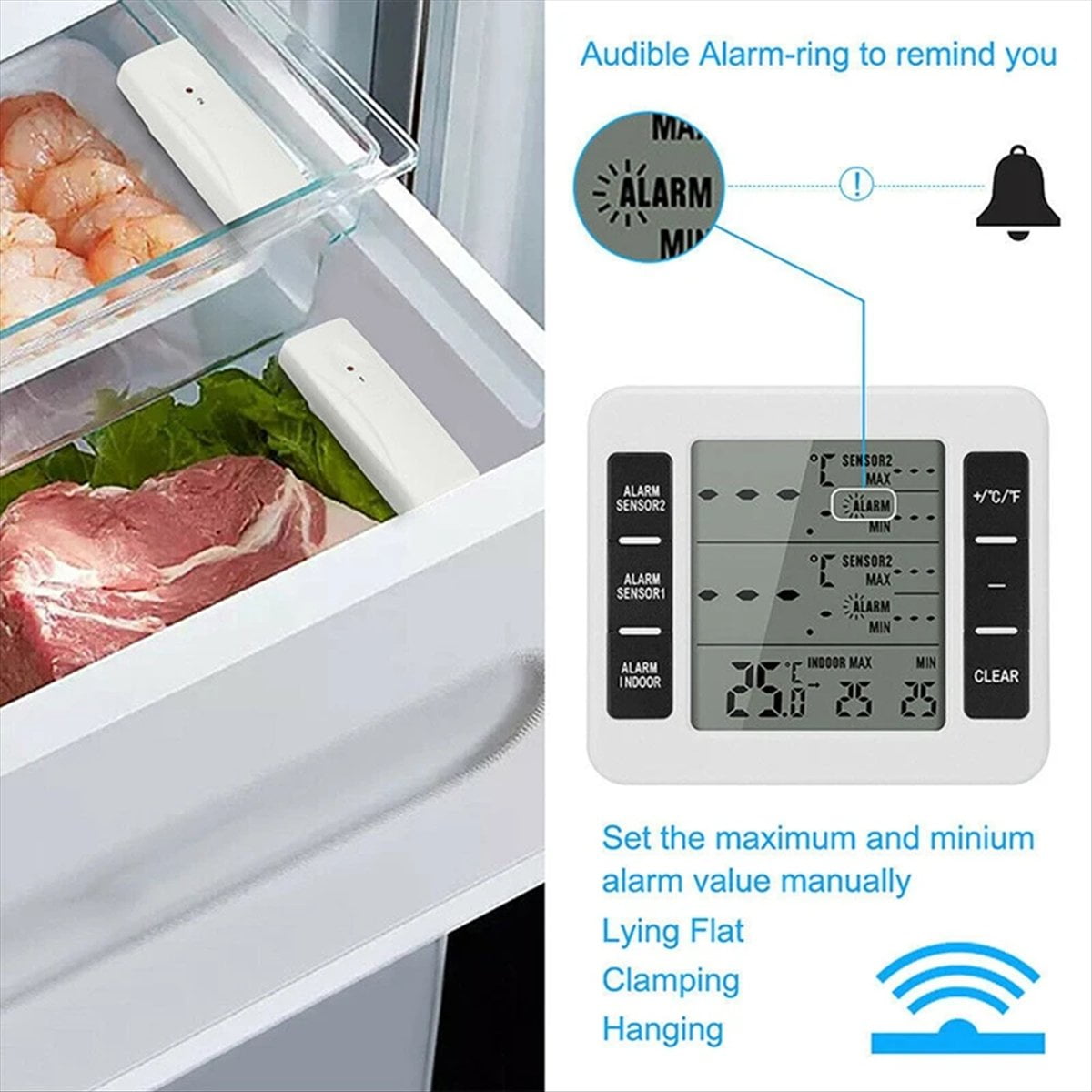 1Set Wireless Freezer Thermometer 2 Remote Sensors Alarm Low Temperature Refrigerator Thermometer Clock